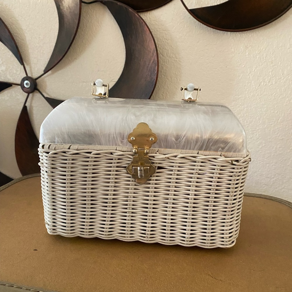 Vintage 1950s Lucite White Wicker Basket Purse Cooney of California